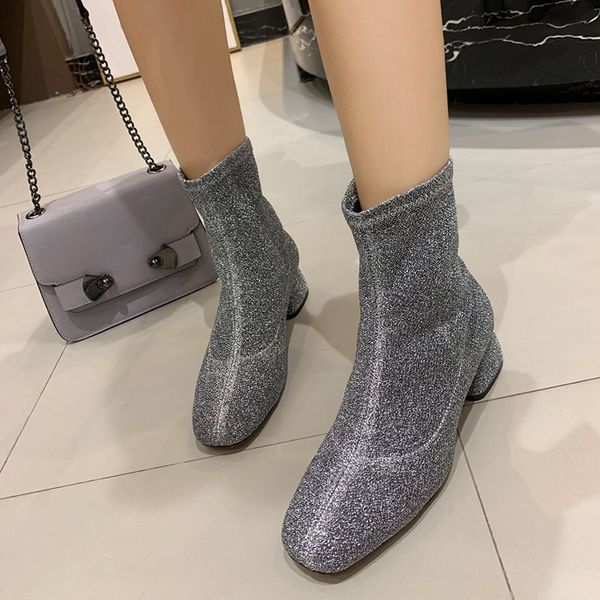 

elastic thin boots thick with short boots female 2019 autumn and winter new high-heeled short boots wild martin boot, Black