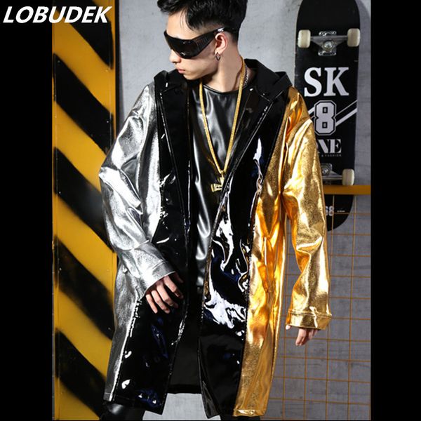 

pu faux leather cloak hoodie windbreaker splicing colors long long coat fashion tide male singer dj hip hop street dance costume, Black