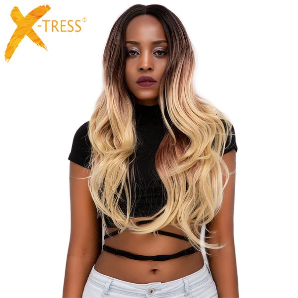 Loira 613 Ombre Cor Parte Dianteira Do Laço Perucas de Cabelo Sintético Para As Mulheres Negras X-tress Longo Natural Onda Do Laço Na Moda Ondulado Peruca Parte Do Meio Y190717