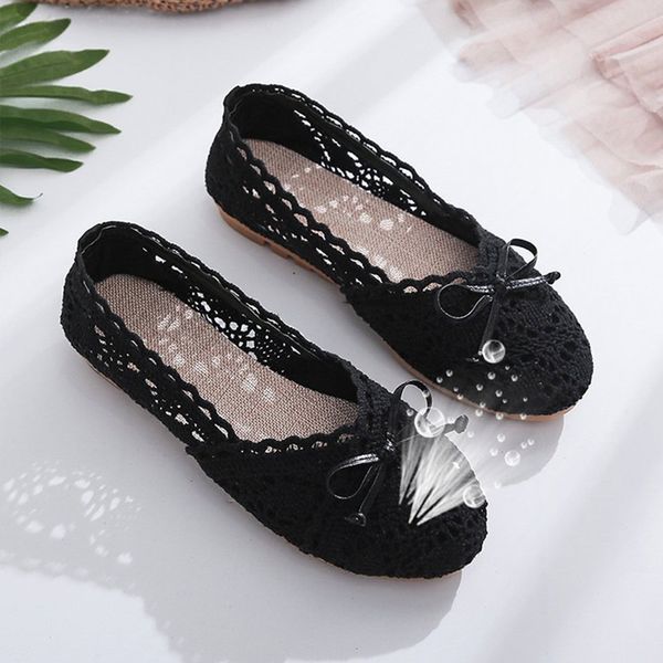 

woman flats hollow out shallow loafers bowtie ladies breathable soft casual slip on sweet female dropshipping mesh lace shoes, Black