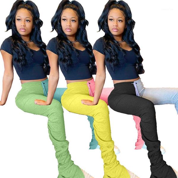 

trousers two color panelled stacked sweatpants fashion contrast color pleated split micro flare pants women high waist, Black;white