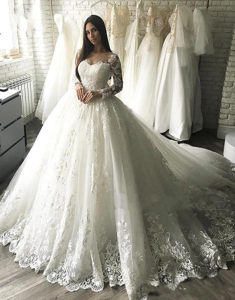 

2019 full lace long sleeve ball gown wedding dresses sheer neck appliqued bridal gown arabic vestido de novia bc2546, White