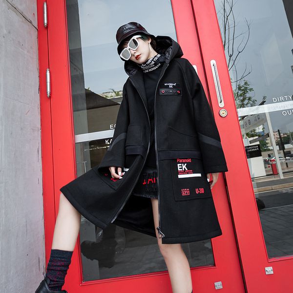 

tvvovvin black hooded wool coat woman 2019 winter fleece thick coat loose sequins letter printed wool long qyf1361