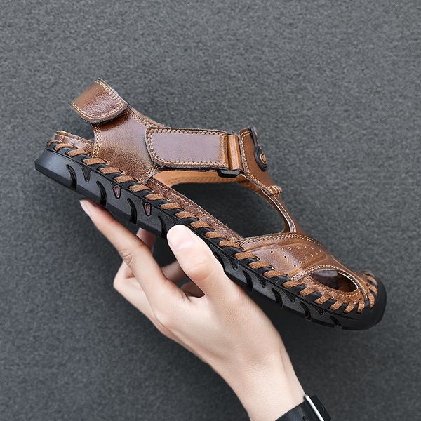 

cow split leather sandals men clogs shoes mens sandles summer slippers garden shoes men new 2019 sandalias hombre, Black