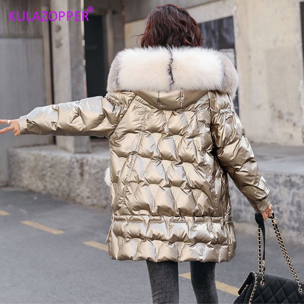 

high-end brand new gold down coat winter jacket women big real fur collar white duck down parkas female outerwear lz080, Black