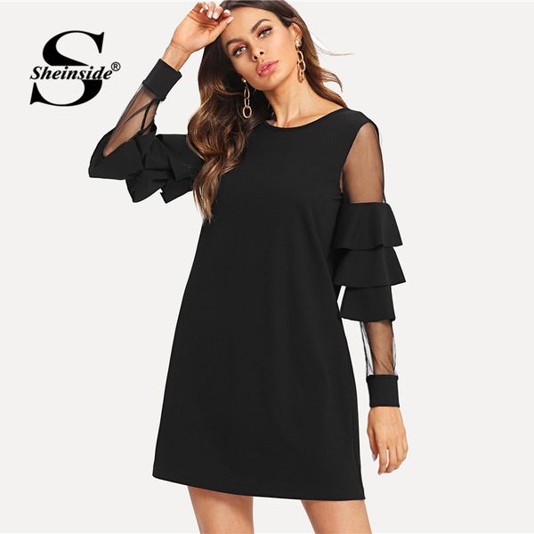 

ruffle sleeve black a line work dress round neck contrast mesh tiered layer straight women fall elegant mini dress, Black;gray