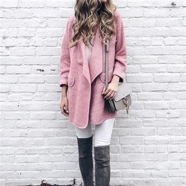 

cardigan coat autumn long pockets long sleeve lapel collar slim women casual solid overcoat outerwear jacket 1, Black