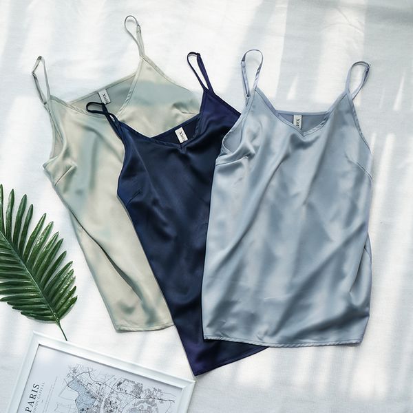 

spaghetti strap v neck tank women sleeveless satin silky camisole s-2xl plus size m30305, White