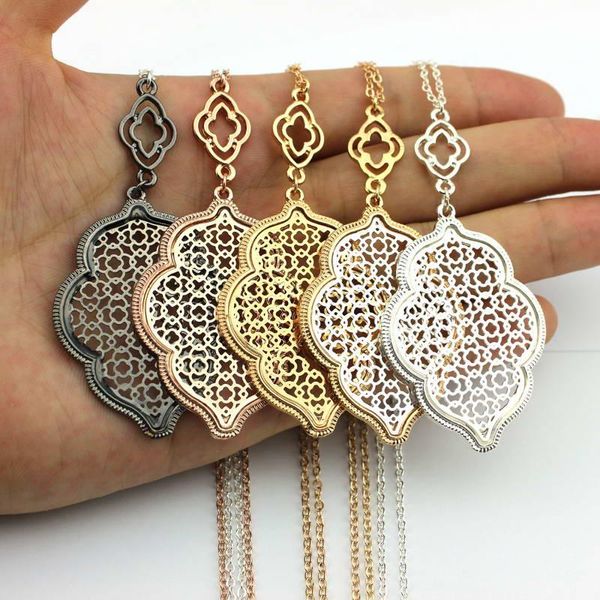 

christmas gift selling gold silver rose black cut out filigree quatrefoil statement necklace hollow clover long chain pendant necklace