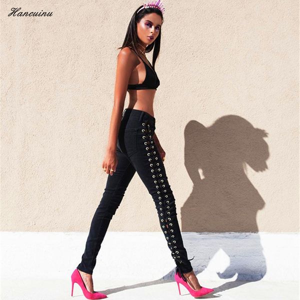 

hancuinu 2017 autumn womens side lace up denim jeans plus size push up hip pencil pants female black skinny jeans, Blue
