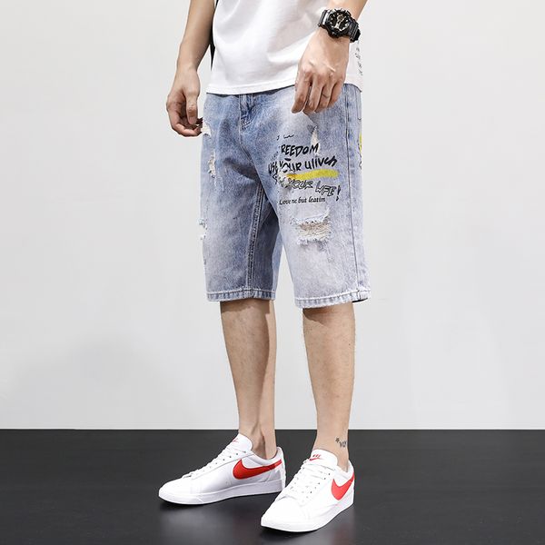 

summer fashion men jeans shorts light blue destroyed printed designer short jeans men streetwear hip hop ripped denim shorts