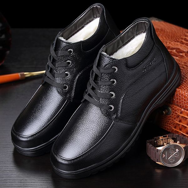 

2019 winter men genuine leather boots thick wool male super warm snow boots oxfords men non-slip cotton shoes boot, Black