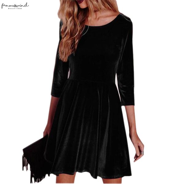 

velvet women dress warm winter autumn dress three quarter o neck solid party dresses mini a line robe mujer femininos lx138, Black;gray
