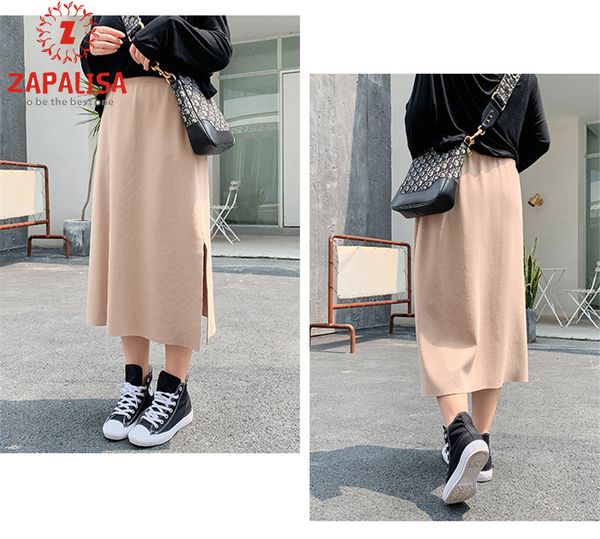 

plus size knitted winter skirt elegant slim hip elastic waist slit design streetwear fashion solid color patchwork long skirt, Black