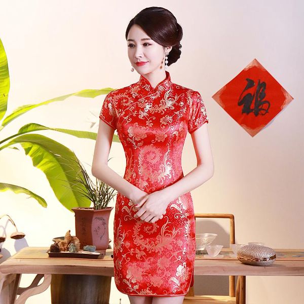 

red classic satin slim flower cheongsam chinese traditional bride wedding dress vintage qipao vestidos plus size 3xl 4xl 5xl 6xl
