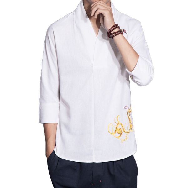 

2019 blouse men linen shirt mens baggy cotton streetwear pullover shirt male retro v neck masculina lino hombre camisetas, White;black