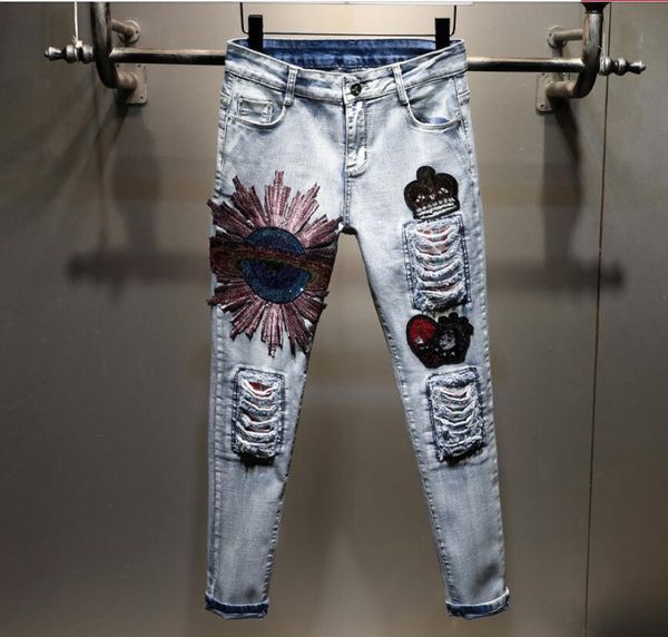 

2020 spring and summer super fire jeans female embroidery hole ripped high-waisted pencil trousers skinny denim pants, Blue