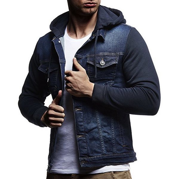 

autumn mens denim jacket fashion knitted sleeves stitching hooded jeans coats casual men solid color single-breasted outwear top, Black;brown