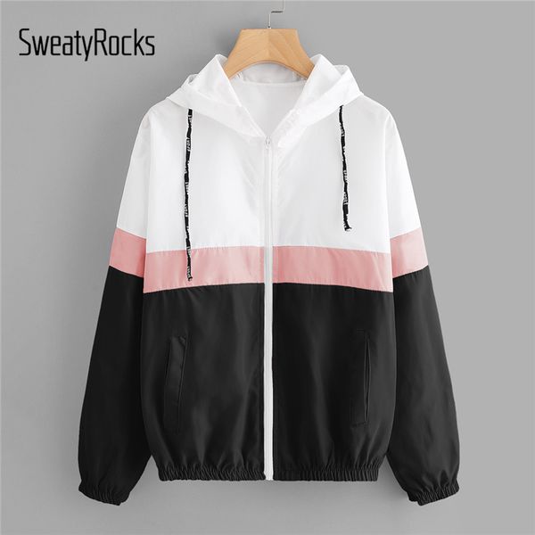

sweatyrocks autumn hoodies women windbreaker casual hooded patchwork jackets clothes color block elastic waist drawstring coats, Black;brown
