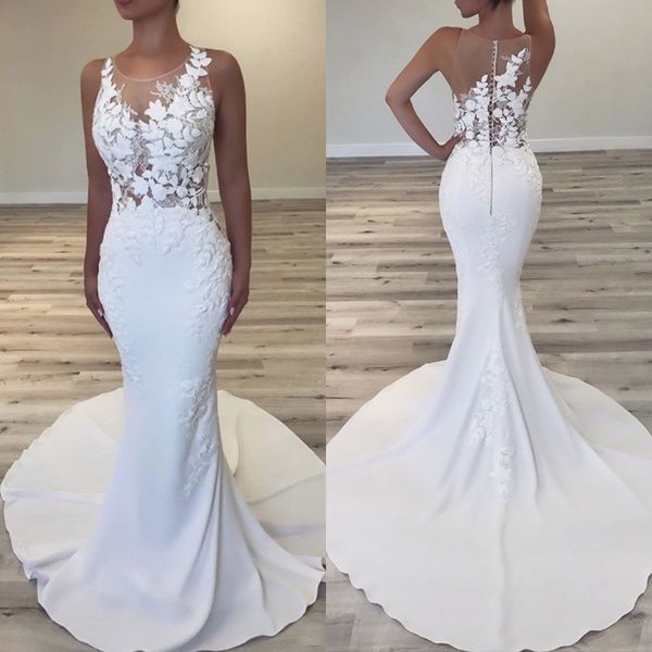 

gorgeous lace appliques mermaid wedding dress round neck sleeveless sweep train covered button satin beach robe de mariÃ©e custom made, White