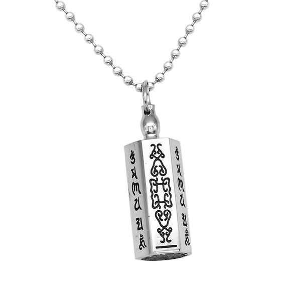 

stainless steel column bottle buddhist mantra prayer keepsake urn necklace, Silver