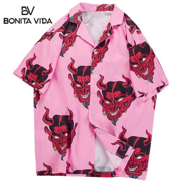 

bonita vida devil printed hip hop ukiyo e short sleeve shirts men summer fashion harajuku japanese hawaiian shirts streetwear, White;black
