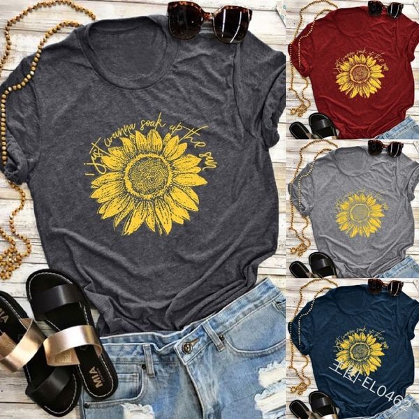

brand designer summer fashion women sunflower print cotton t-shirt casual style women plus size s-3xl short sleeve o-neck t-shirt tee, White