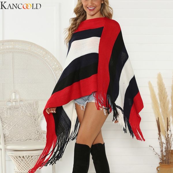 

kancoold autumn winter women casual tassel long sleeve loose capes shawl knitted cover up loose lightweight sweaters fashion, White;black