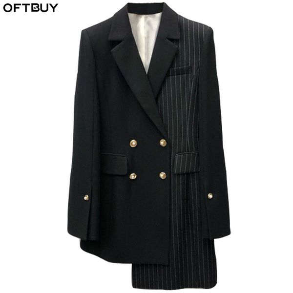 

oftbuy 2019 длинный пиджак женский весна осень новая полоса лоскутное пальто женский нерегулярные двубортные пуговицы уличная одежда, White;black
