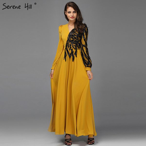 

yellow v-neck sequined prom dresses 2019 long sleeves sparkle a-line prom gowns design serene hill bqa8035, White;black