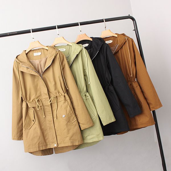 

2019 new women summer solid color large size drawstring lacing long-sleeved hooded zipper jacket womens clothing overcoat w580, Tan;black