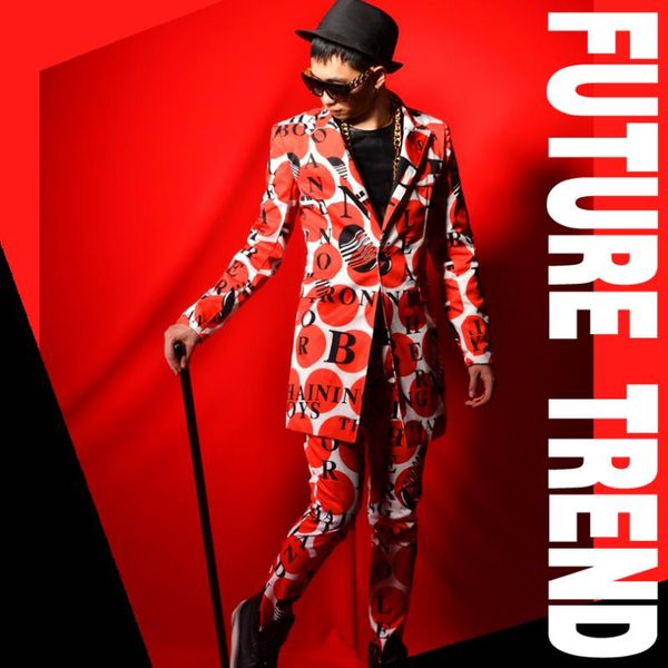 

nightclub male singer dsdj red big wave dot letter suit big brand bar costume accessories style retro jacket studio male suit, White;black