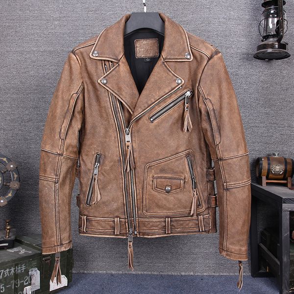

vintage 2020 men's motorcycle jacket with belt slim short rivet double zipper cow leather moto biker coat men, Black