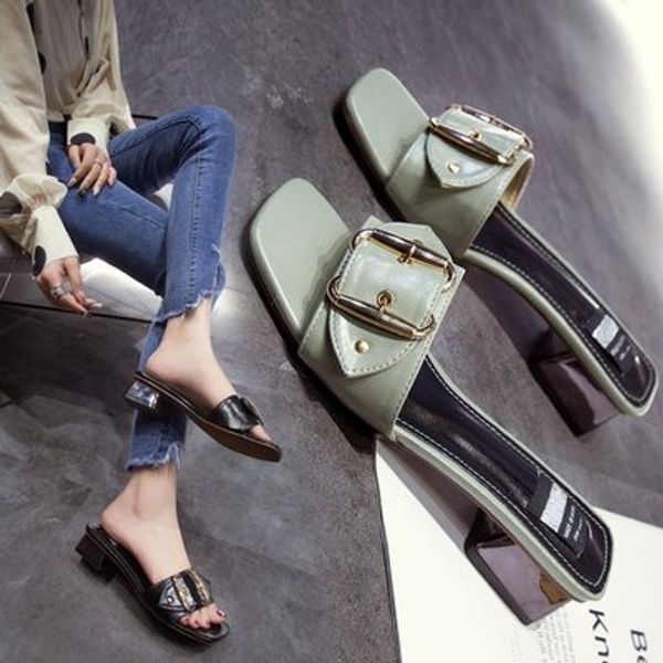 

2020 new korean fashion, wild metal belt buckle, thick with a word drag ins tide shoes, Black