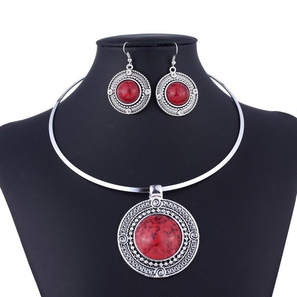 

round collar torques necklace set earrings for women jewelry set red stone vintage jewelry sets sieradenset rood taki seti rood, Silver