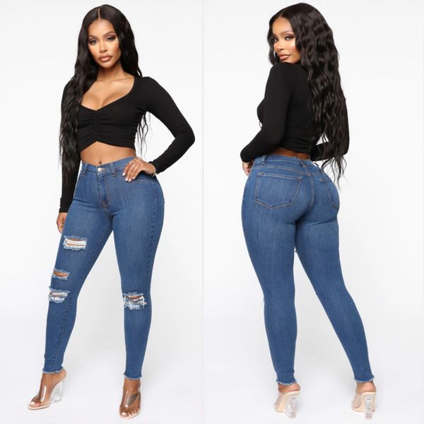 

jeans trousers pancil-pants stretch skinny ripped denim high-waist women hole casual dm001, Blue