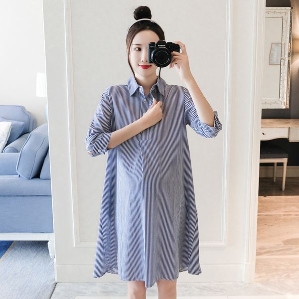 

8987# maternity clothes spring autumn cotton stripe long sleeves loose stylish dress for pregnant women pregnancy clothes, White