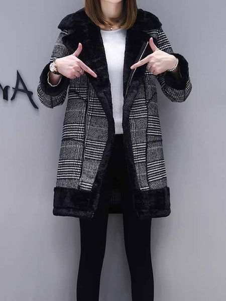 

plaid women coat winter faux fur warm outwear casual mid- long-coat black one button loose plus size 2xl wool long coat women y190926