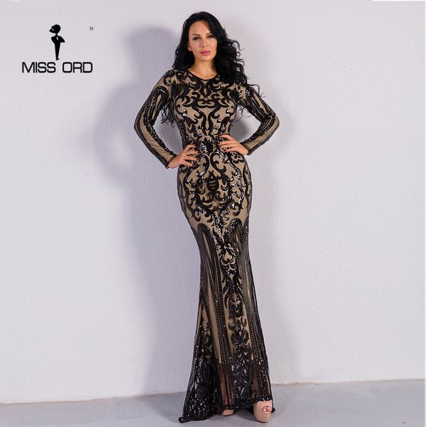 

missord 2019 o neck long sleeve retro sequin maxi gorgeous dress ft8578-2 y190426, Black;gray