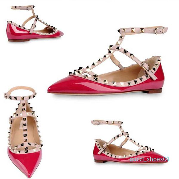 

designer brand classic pointed toe women shoes ankle straps dress leather rivets sandals women studded strappy size 33-43 g01, Black