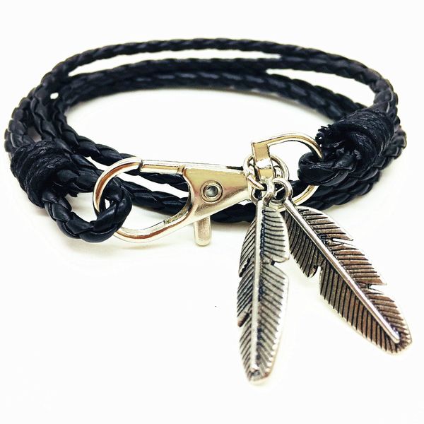 

leaf khaki black design vintage fashion cuff bangle retro brown woven rope men leather bracelets women jewelry accessories, White