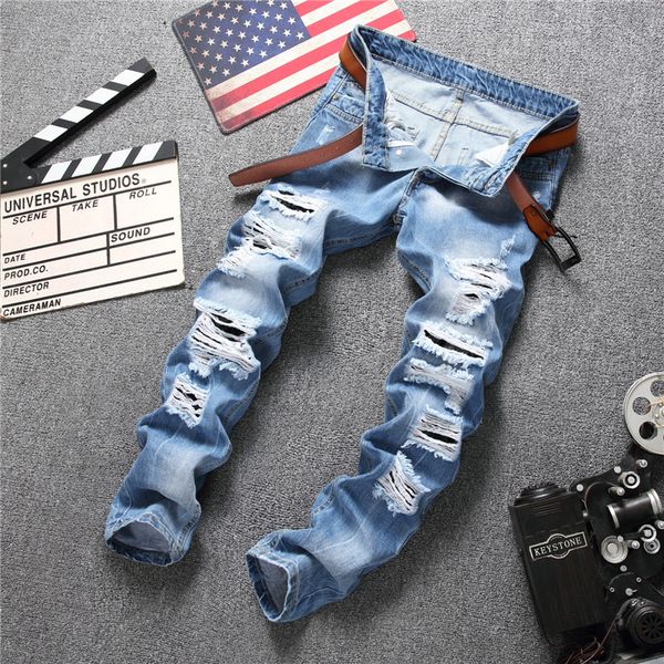 

style brand light blue hole jeans men's foreign trade leaks big hole slim men's destroyed jeans to increase size 28-38