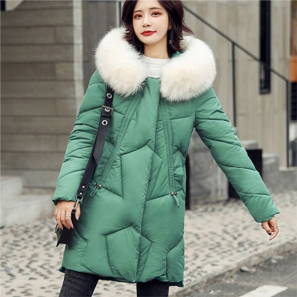 

lucyever fashion warm fur collar hooded jacket women casual long thicken loose parka woman 2019 winter simple cotton coat ladies, Black