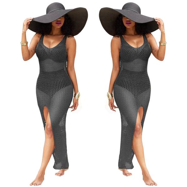 

beach dress women hollow out sleeveless split see throught cover dress summer long beach dress bodycon plus size, Black;gray