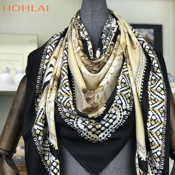 

blue&beige twill scarf women hijab floral fan print shawl foulard large square scarves fashion elegant neck wrap 130*130cm new, Blue;gray