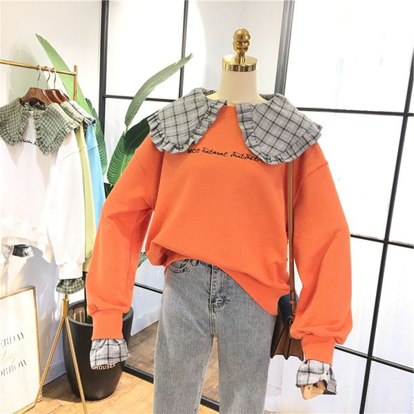 

new fashion women sweatshirt cotton plaid patchwork pullover outerwear girl student ruffled coat stylish design hoodie teenager, Black