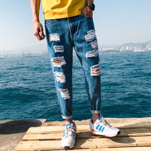 

summer jeans men fashion washed solid color casual torn holes denim pants man streetwear hip hop loose trousers male clothes, Blue