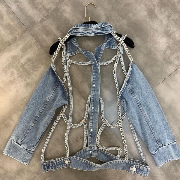 

2019 new chains fashion hollow out jacket womens jean denim coats, Black;brown