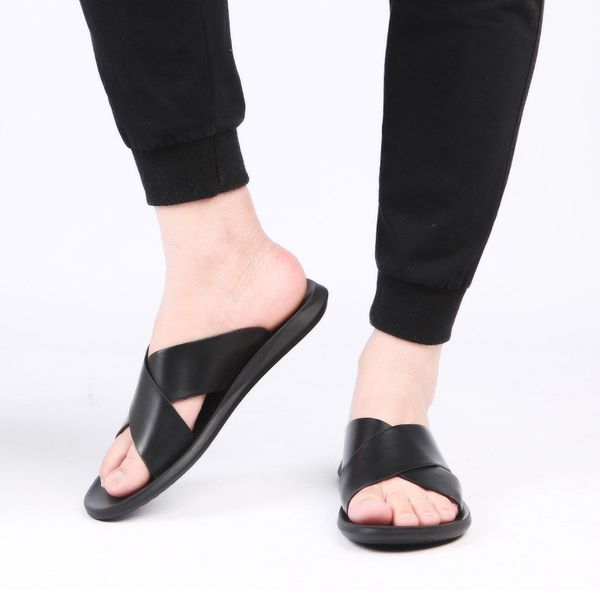 

sandals merkmak 2021 summer rubber men leather classic roman open-toed slipper outdoor beach shoes flip flop sandal, Black