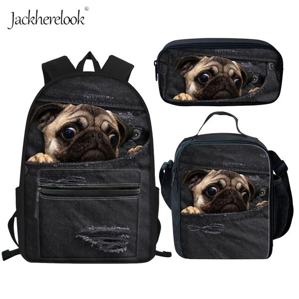 

black/blue denim school bags set 3pcs cute pug dog animal cat printing backpacks for girls boys schoolbag kids casual book bag